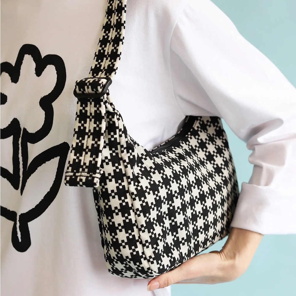 Baggu | Mini Nylon Shoulder Bag | Black & White Pixel Gingham